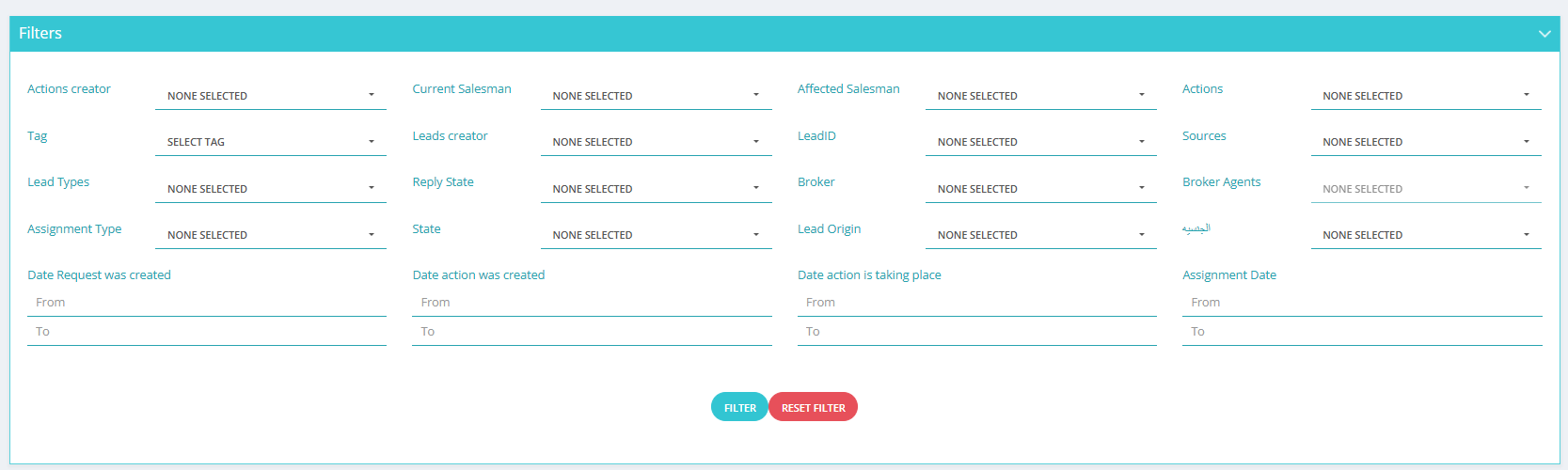 Leads Actions Filter Interface